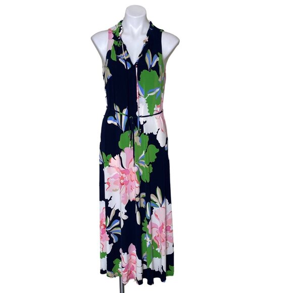 Tommy Hilfiger Isla Floral Midi Dress Sky Captain Bloom Tie Front Women's Size 8 - Picture 3 of 12